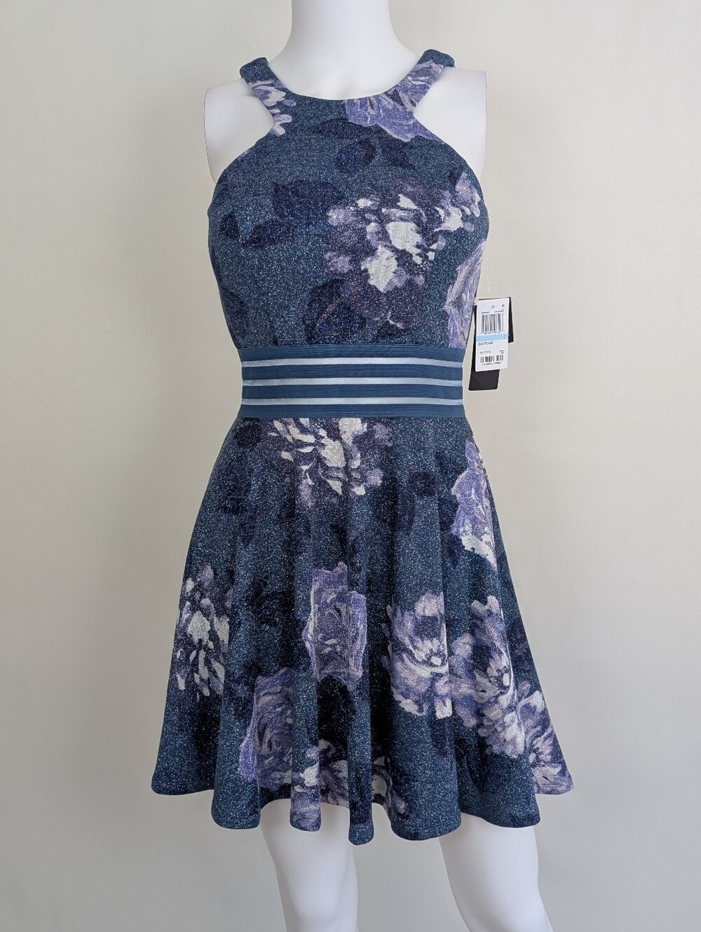 City Studio Blue Floral Glitter Sheer Waist Halter Neck Mini Dress Size 5